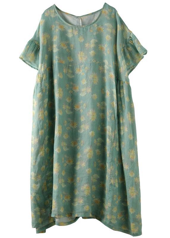 Green Print Linen Clothes O Neck Loose Summer Dresses