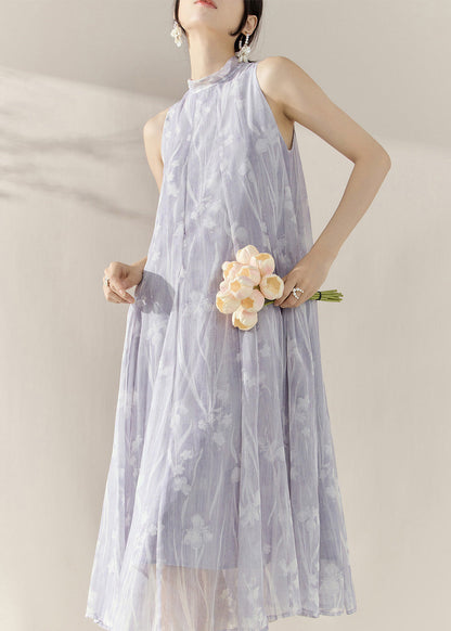 French Purple Turtleneck Print Tulle Holiday Long Maxi Dresses Summer