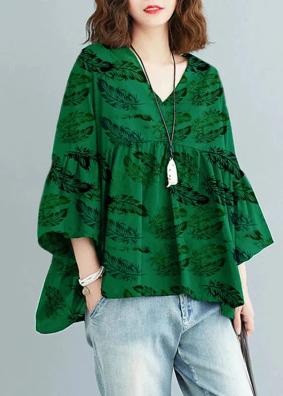 Green V Neck Patchwork Asymmetrical Design Fall Top Three Quarter Sleeve