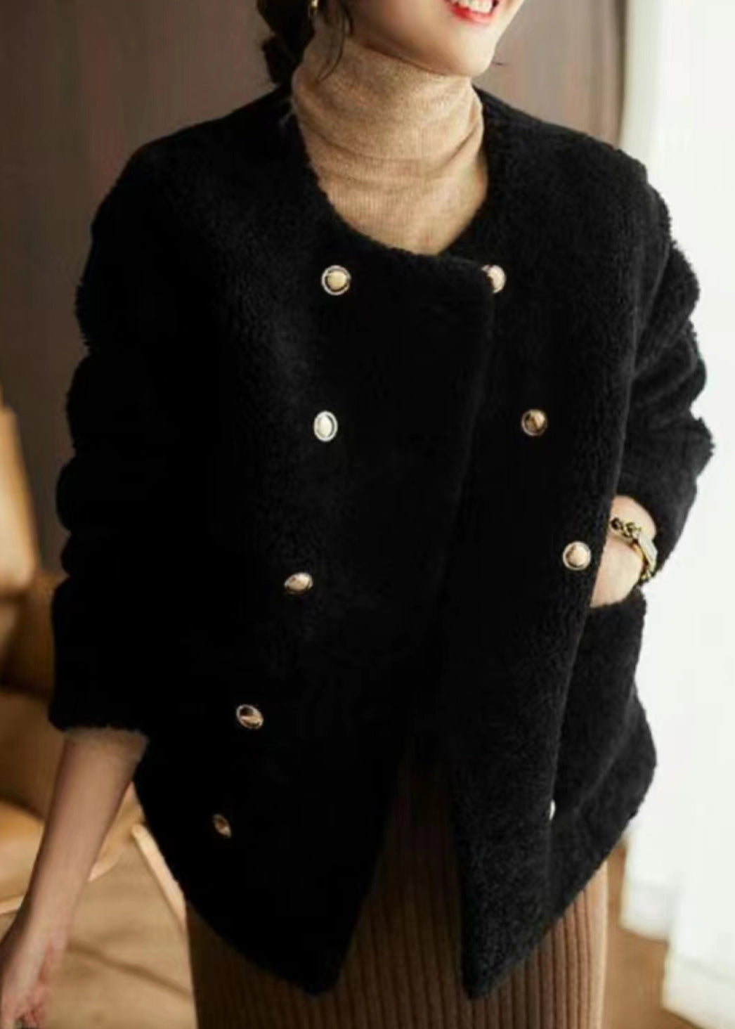 Black O Neck Pockets Patchwork Wool Coats Winter