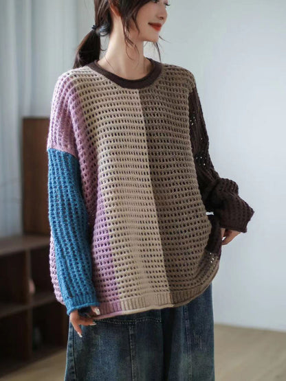 Plaid Hollow Out Long Sleeve Pullover Sweater