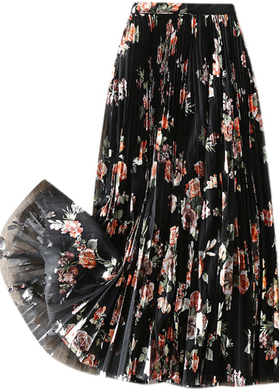 Diy Black Print Tulle Pleated Skirt Spring
