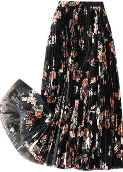 Diy Black Print Tulle Pleated Skirt Spring