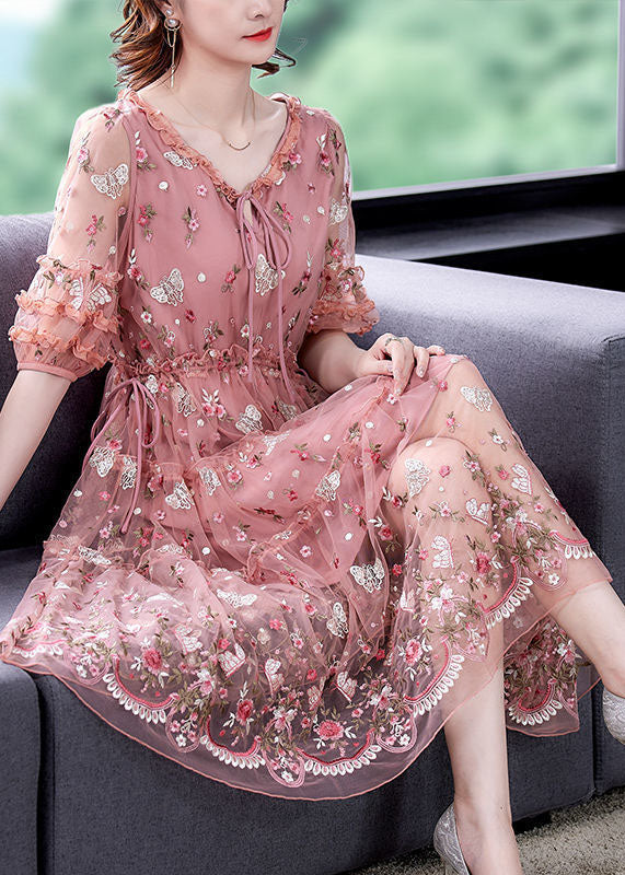 Pink Ruffled Embroidered Exra Large Hem Tulle Cinched Dress Summer