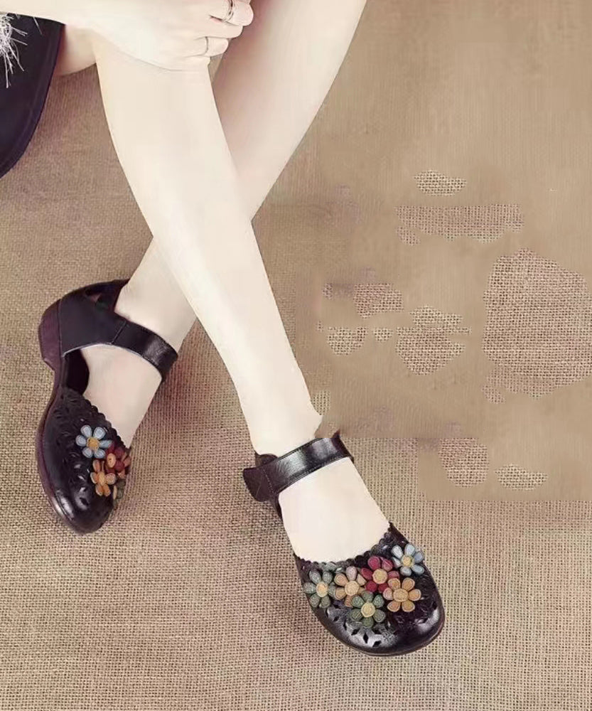 Splicing Hollow Out Walking Sandals Black Genuine Leather
