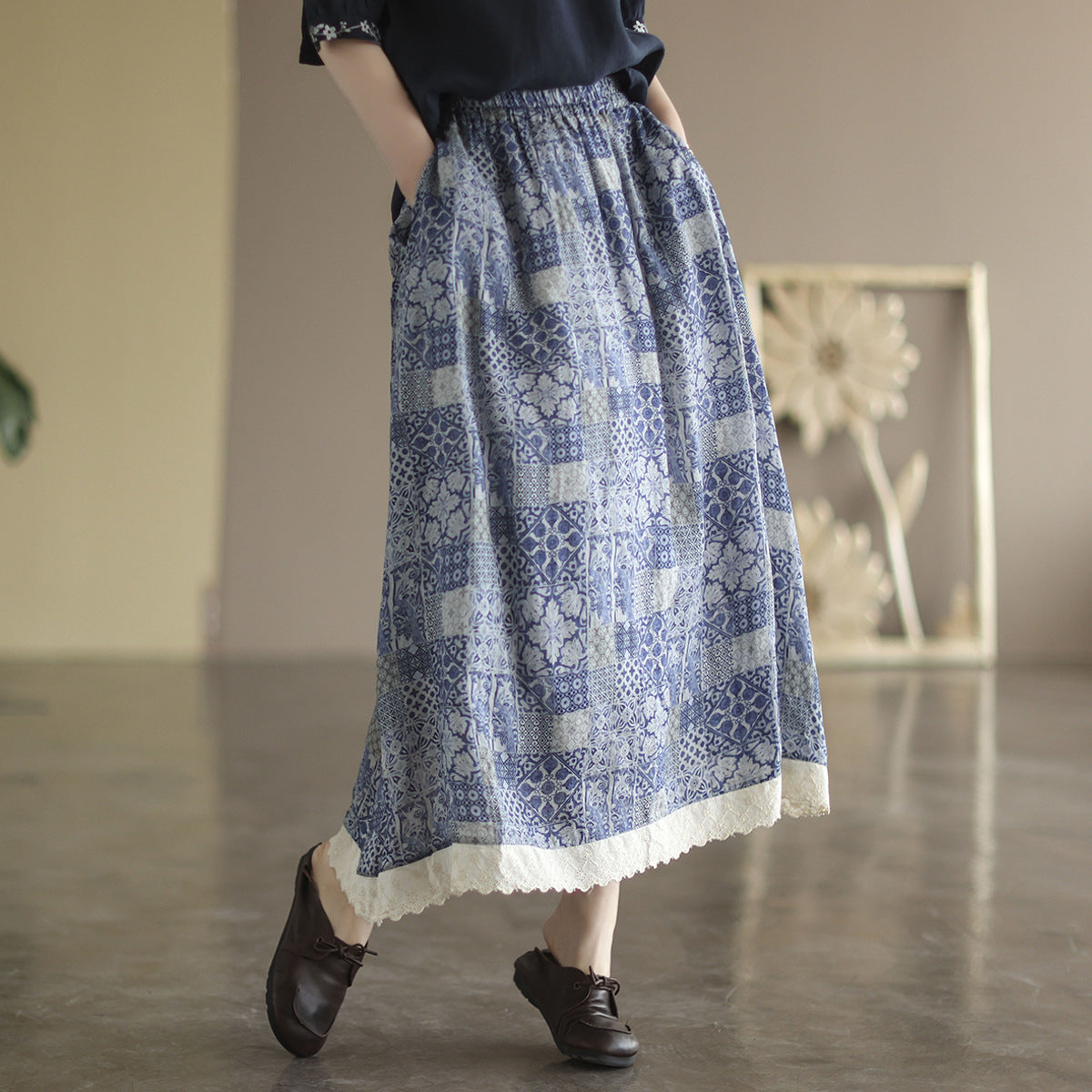 Retro Linen Print Cozy Loose A-line Trimmed Skirt