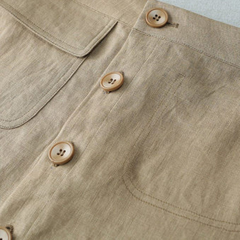 Khaki Linen A-line Midi Skirts for