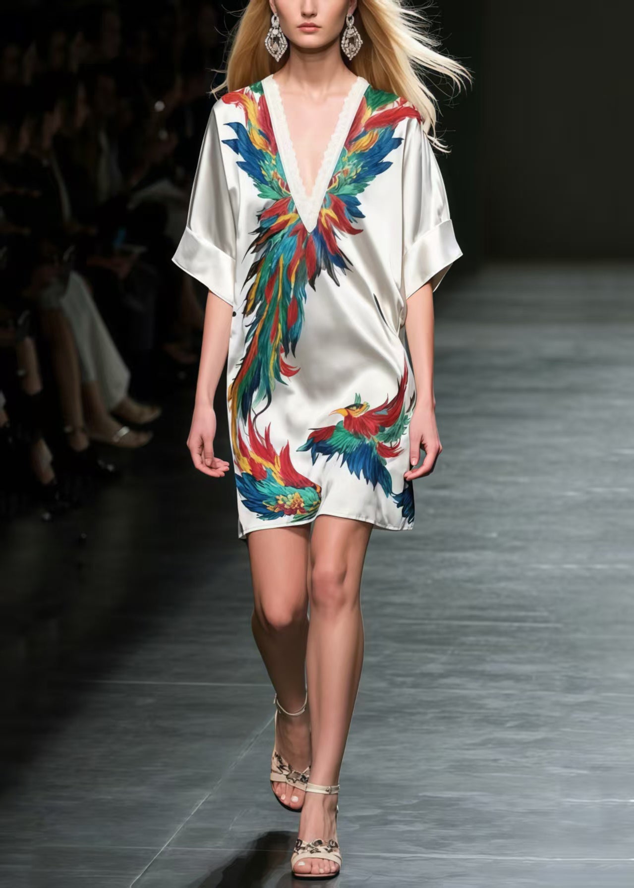 Phoenix Print Silk Mid Dress Summer