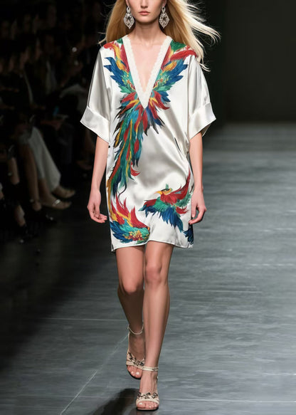 Phoenix Print Silk Mid Dress Summer