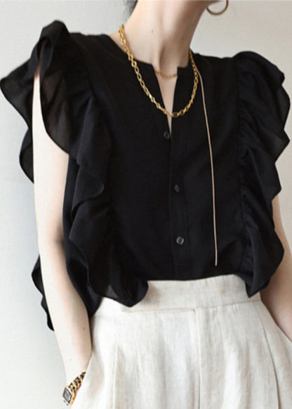 Black Ruffled Button Silk Vest Sleeveless