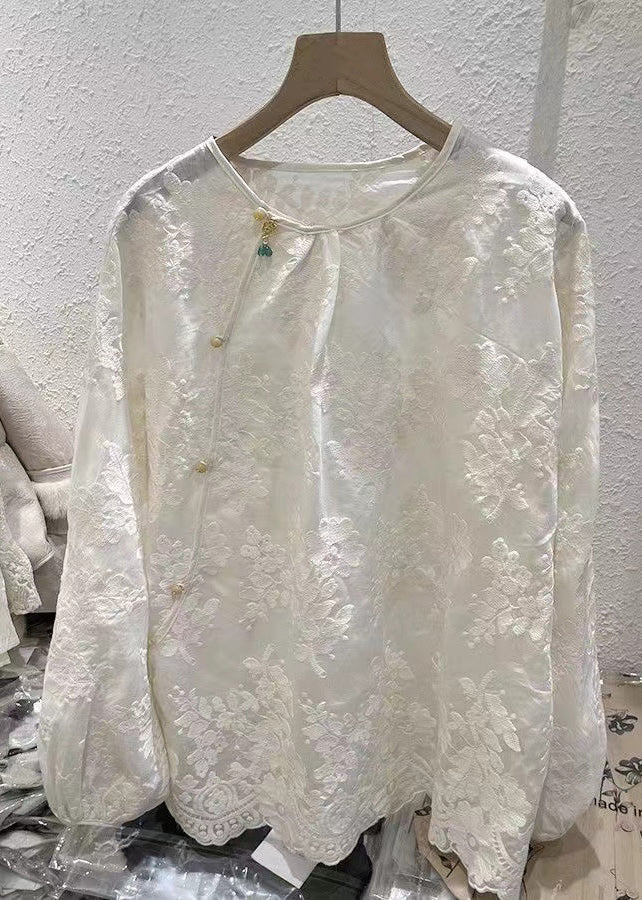 Beige O-neck Button Jacquard Chiffon Blouse Tops Spring