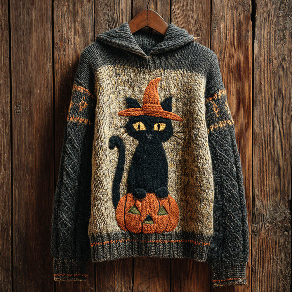 Comstylish Halloween Witch Cat & Pumpkin Art Women's Hooded Sweater