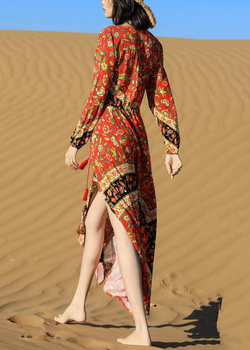 Red Print Lace Up Pockets Long Dress Fall