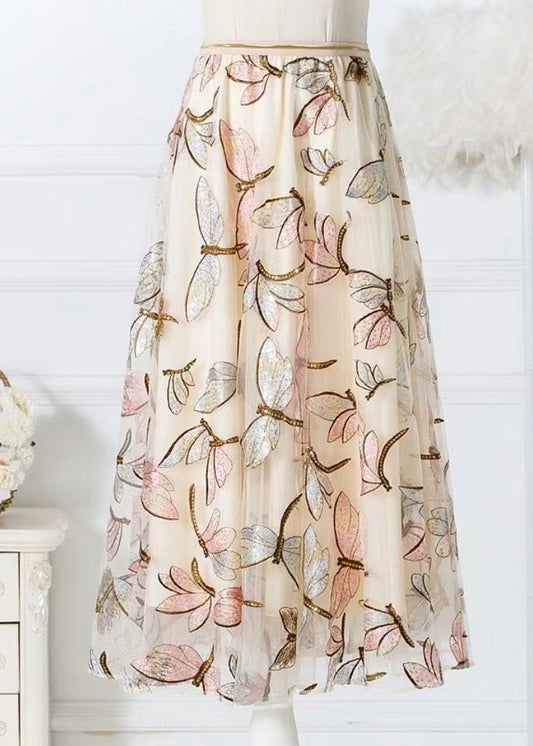 Apricot Butterfly High Waist Tulle Skirts Embroidered Spring