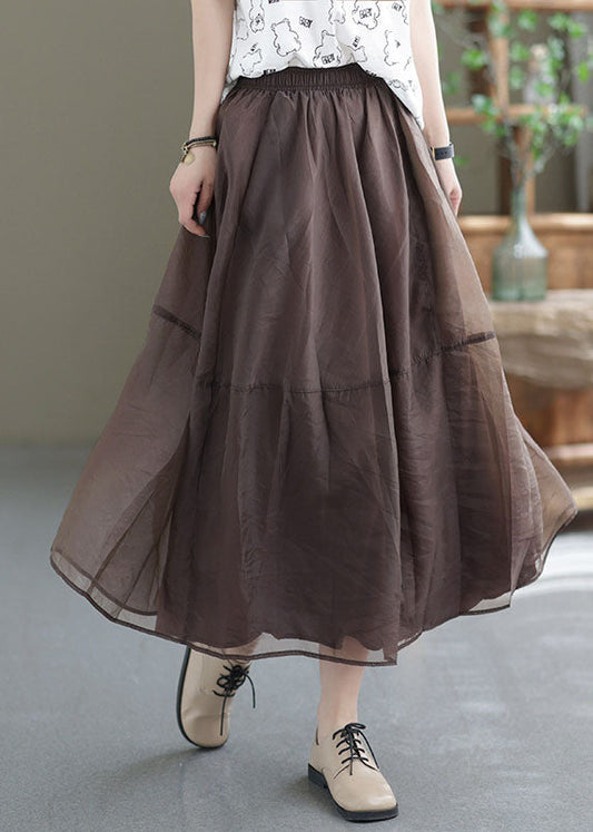 Chocolate Patchwork Organza a Line Skirts Elastic Waist Spring
