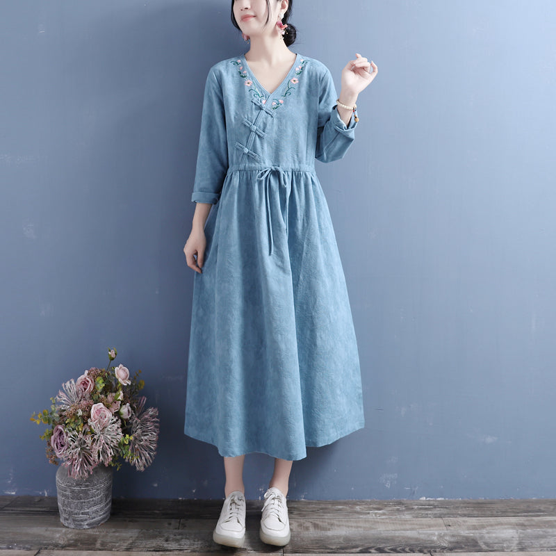 Autumn Cotton Linen Embroidery Retro Dress