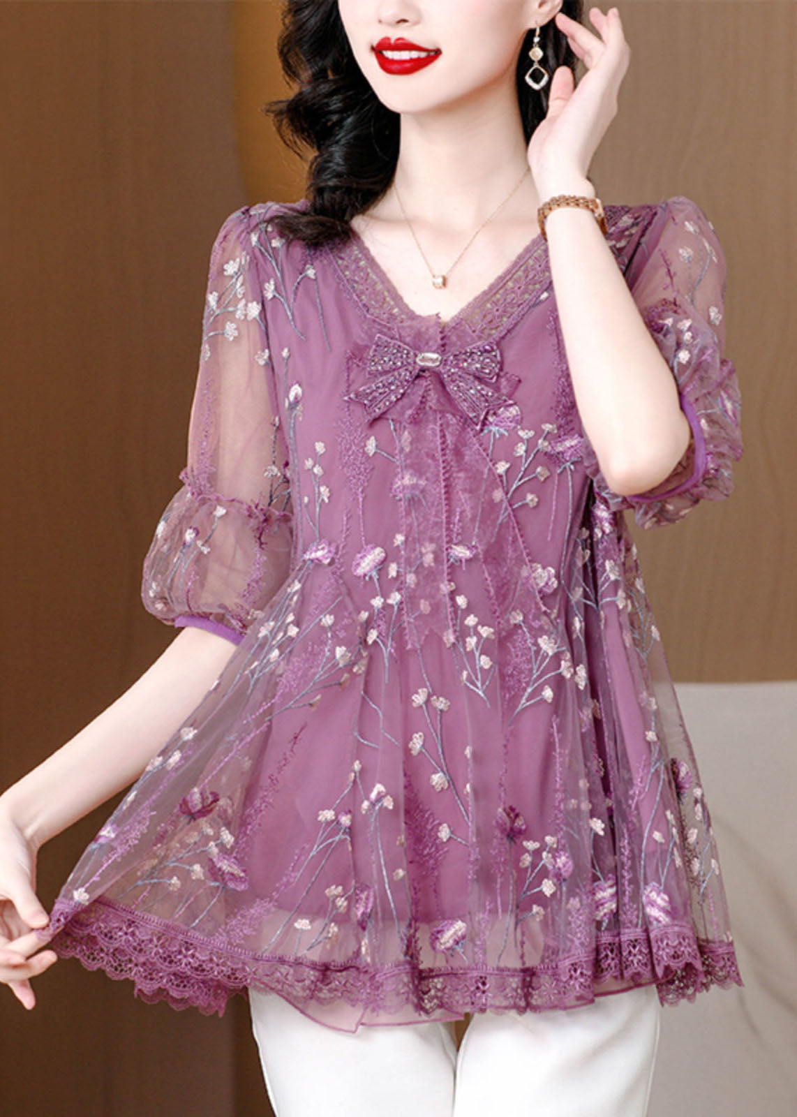 Purple V Neck Embroidered Bow Lace Top Summer