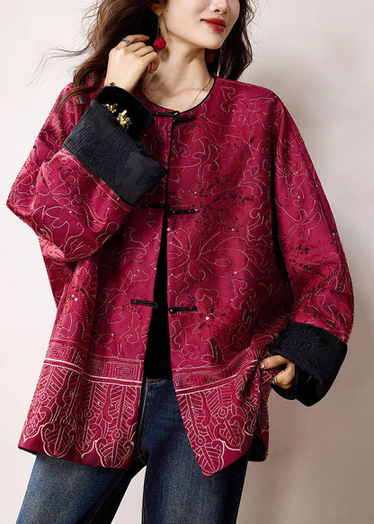 Red Sequins Patchwork Pockets Coats Winter