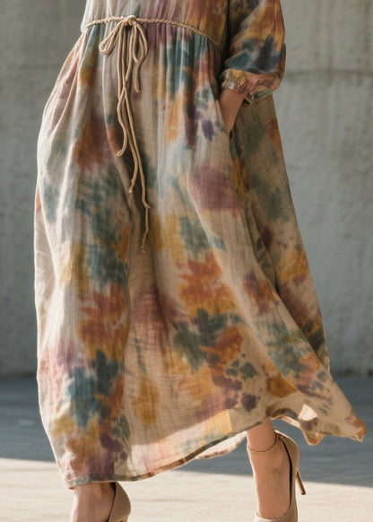 Khaki Cinched Tie Dye Cotton Long Dress Fall