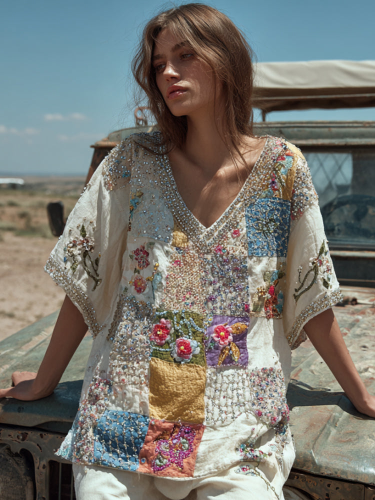 Bohemian Style Patchwork Three-dimensional Embroidery Silent White Vintage V-neck Short-sleeved Shirt elevenforest