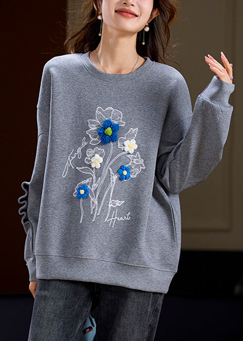 Loose Grey O Neck Patchwork Cotton Sweatshirt Spring