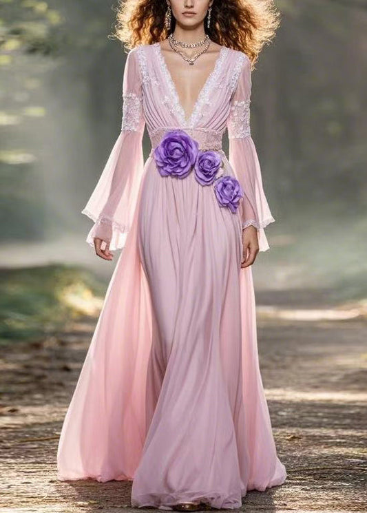 Pink V Neck Chiffon Long Dress Spring