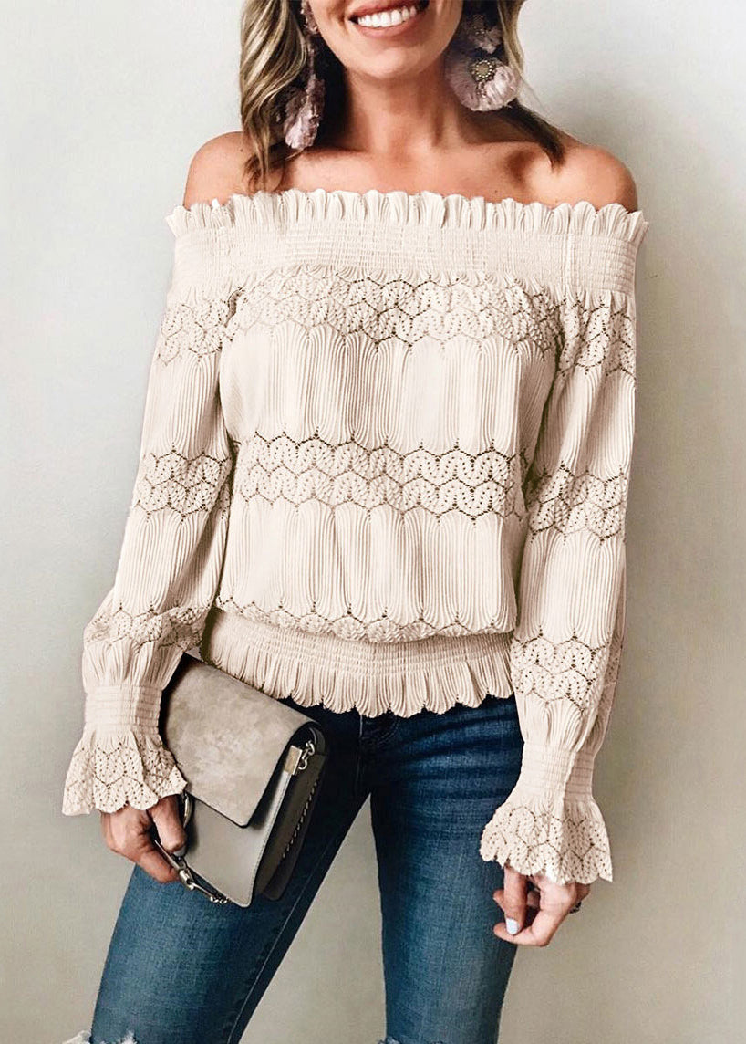 Pink Slash Neck Ruffled Lace Blouse Tops Summer