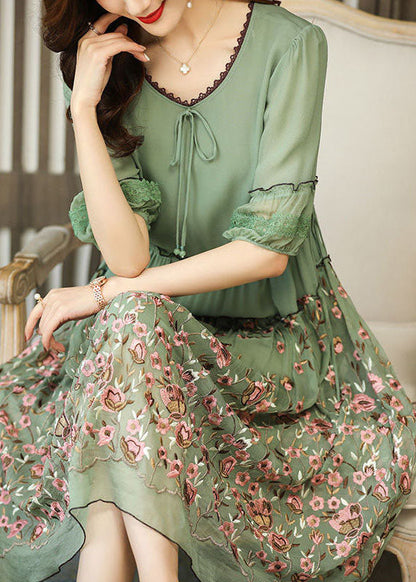 Green Chiffon Long Dress Ruffled Embroidered Summer
