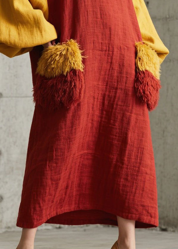 Red Oversized Patchwork Faux Fur Vacation Dress Lantern Sleeve
