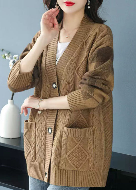 Camel V Neck Pockets Button Patchwork Knit Cardigan Fall
