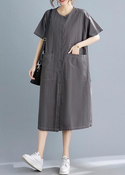 Classy Grey Button Cotton O-neck Summer Maxi Dresses