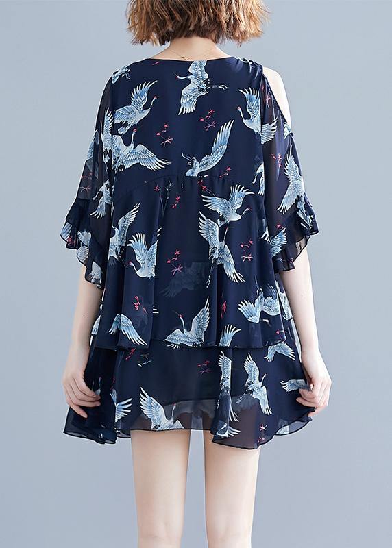 Navy Print Chiffon Dresses Outfits V Neck Ruffles Summer Dresses