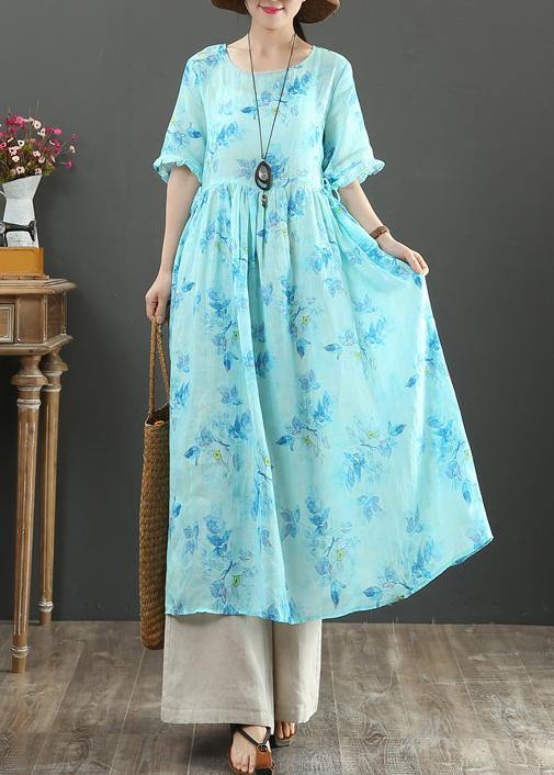 100% O Neck Cinched Linen Summer Dresses Design Blue Print Dresses