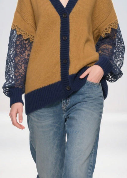 Brown Oversized Hollow Out Patchwork Lace Cardigans Fall