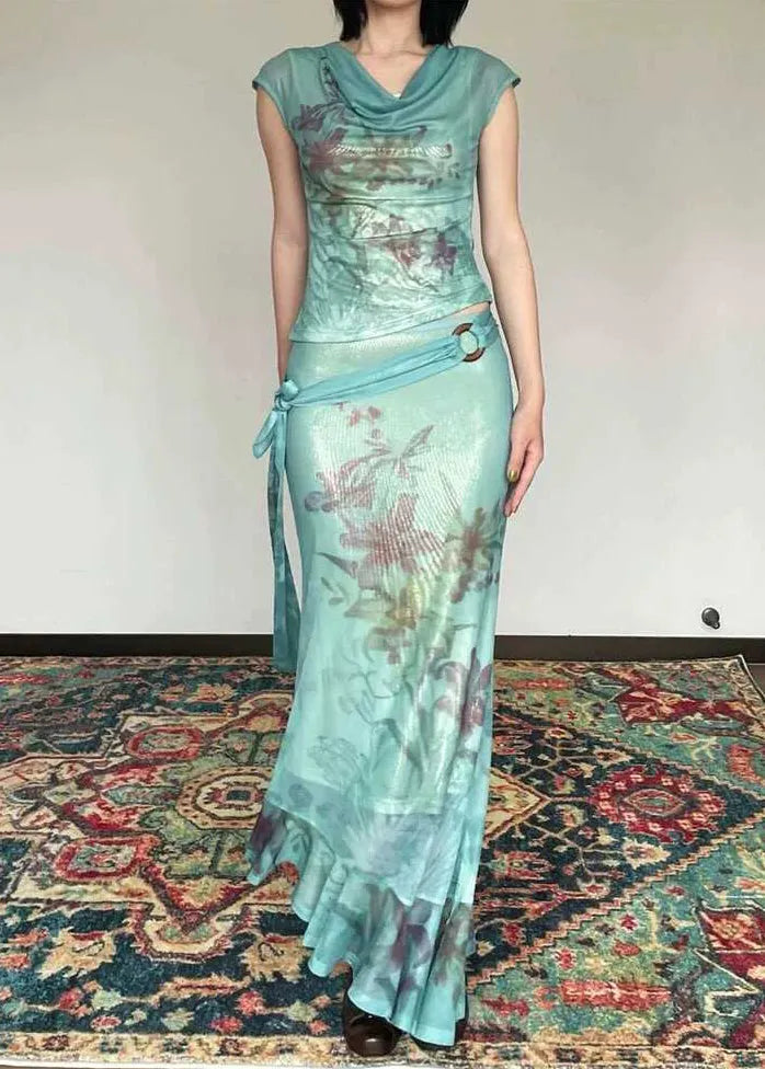 Slim Fit Green Print Tulle Top and Maxi Skirts Two Pieces Set Sleeve