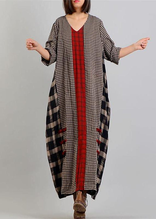 Black Plaid Autumn Loose Fitting V Neck Patchwork Traveling Clothing Chinese Button Dresses