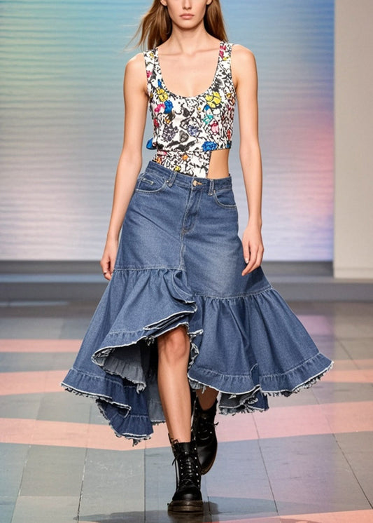 Blue Ruffled Patchwork Side Open Denim Skirts Spring