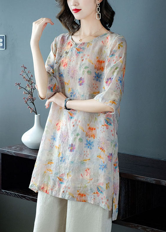 Pink Patchwork Tops and Pants Linen Two Pieces Set Button Summer