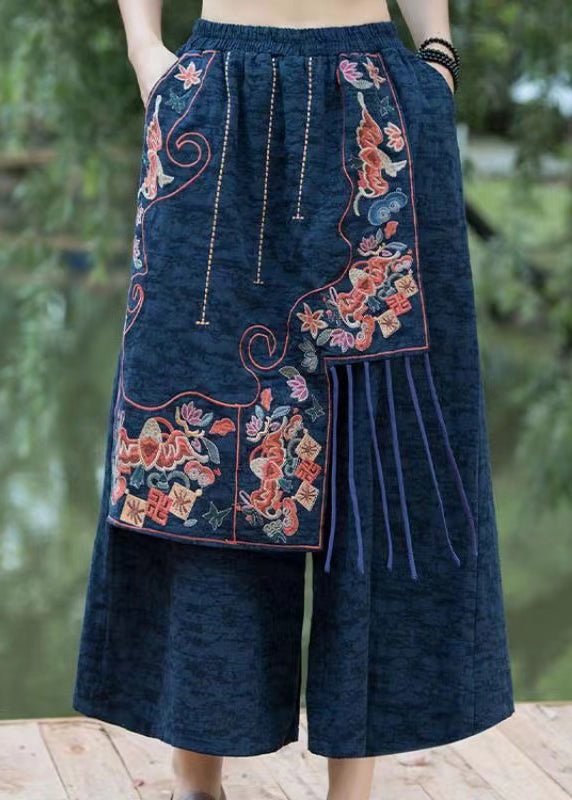 Navy Embroidered Patchwork Cotton Crop Pants Summer