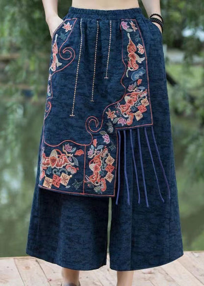 Navy Embroidered Patchwork Cotton Crop Pants Summer