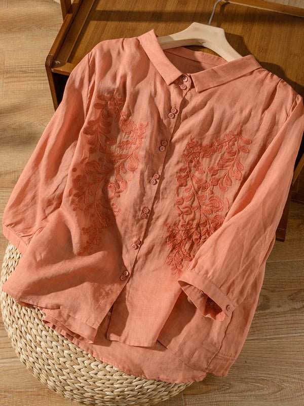 Embroidered 3/4 Sleeve Linen Shirt Top
