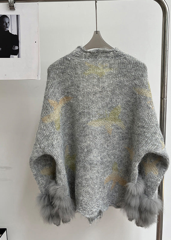 Modern Light Grey V Neck Fur Cotton Knit Cardigans Fall