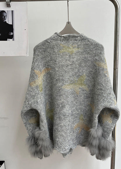 Modern Light Grey V Neck Fur Cotton Knit Cardigans Fall