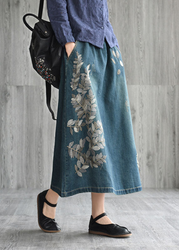 Natural Dark Blue Pockets Embroideried Cotton Denim Skirts