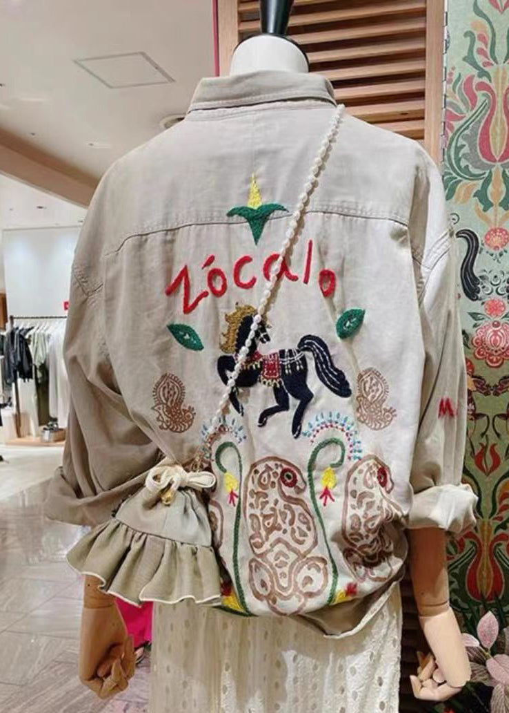 French Light Grey Embroidered Cotton Coat Long Sleeve