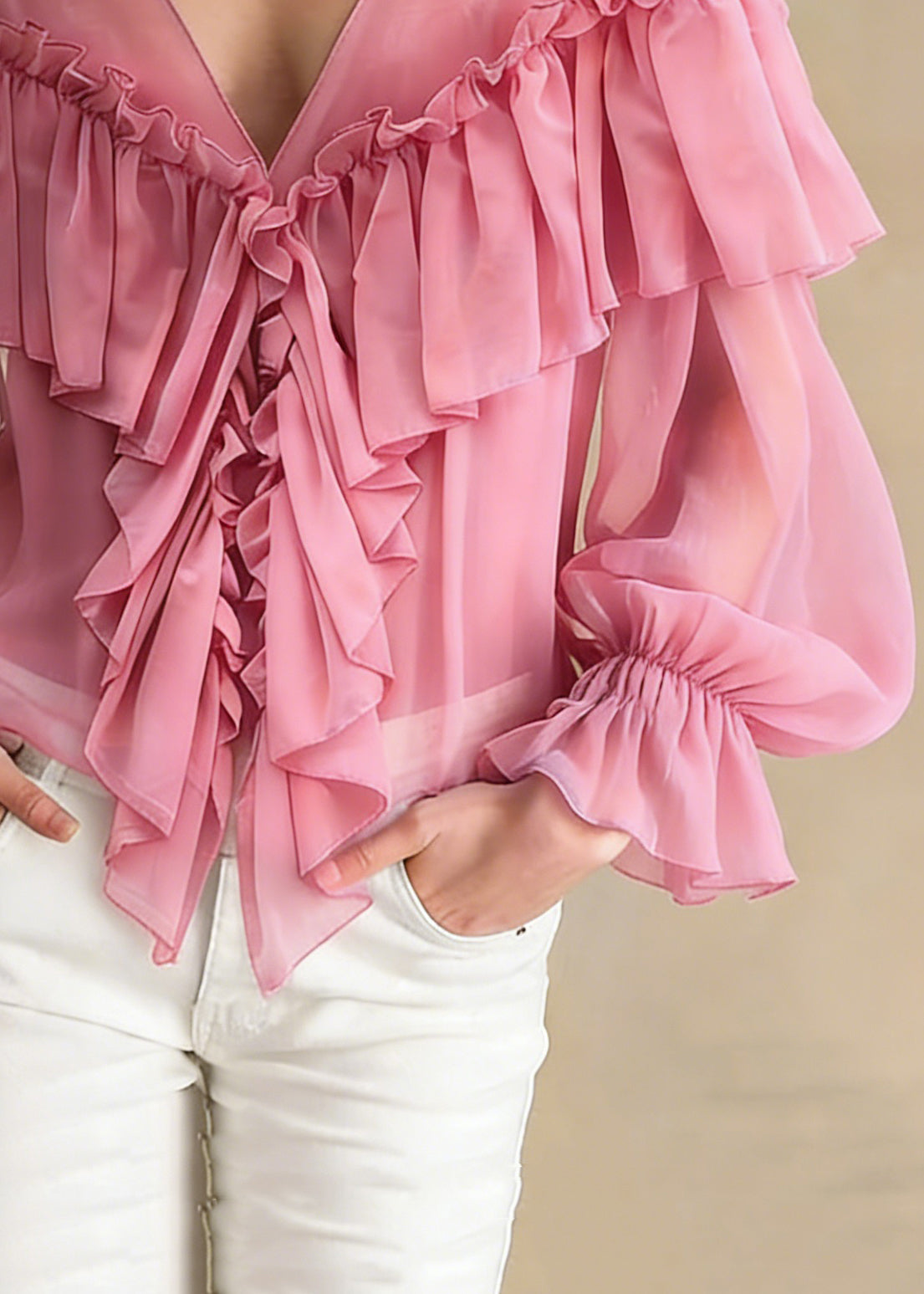 Stylish Pink V Neck Ruffled Chiffon Shirts Spring