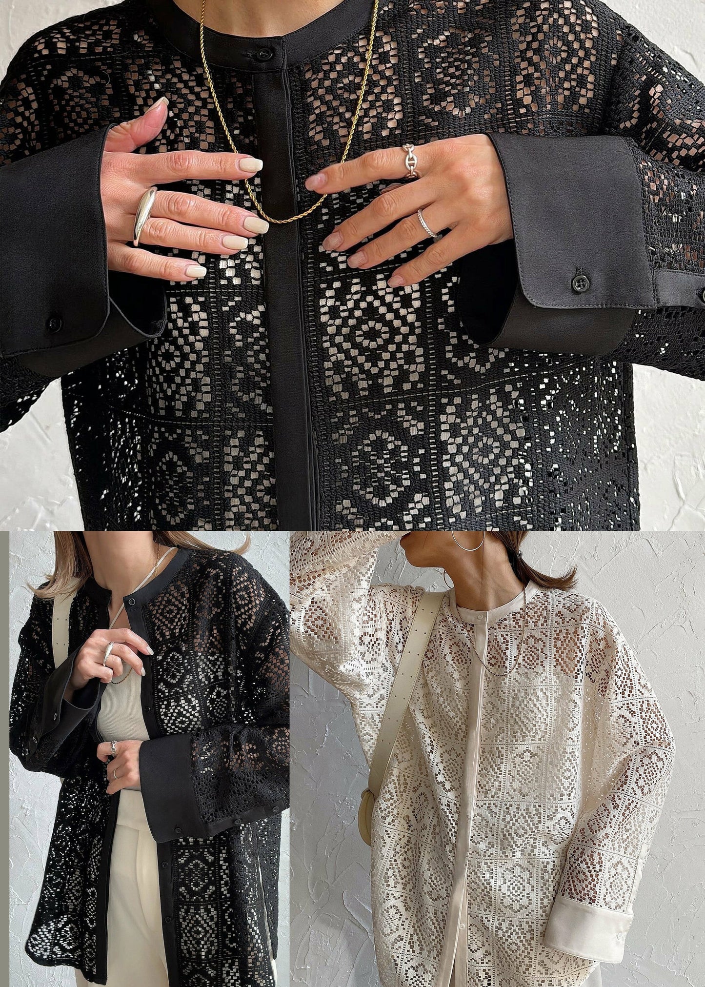 French Beige Hollow Out Lace Sheer Blouses Summer