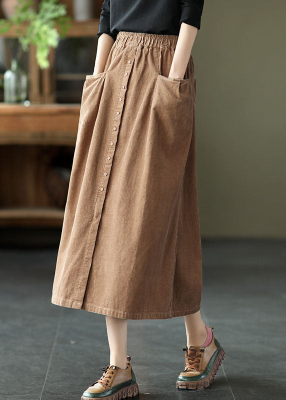 Khaki Elastic Waist Button Pockets Corduroy Skirts
