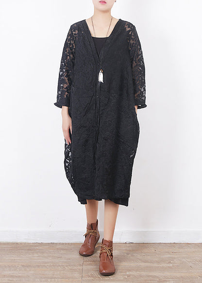 French Black Lace Clothes for Omychic Work Outfits V Neck Loose Summer Hollow Out Cardigan