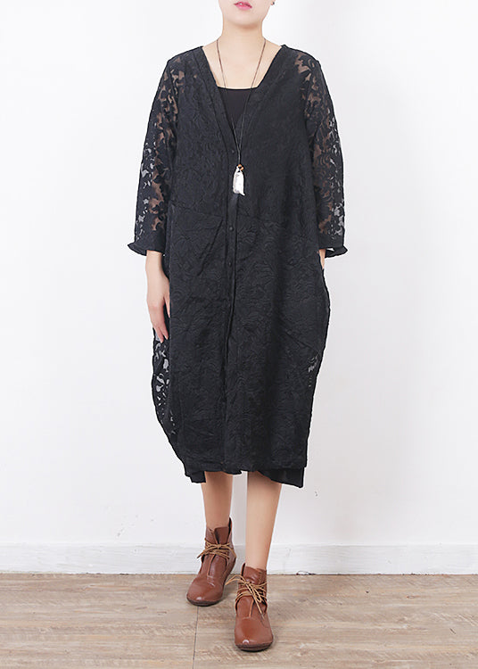 French Black Lace Clothes for Omychic Work Outfits V Neck Loose Summer Hollow Out Cardigan